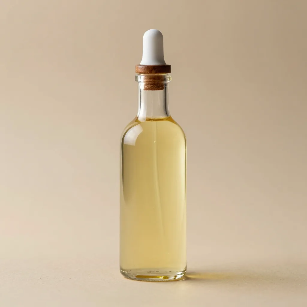 A glass bottle of pure argan oil on a light background