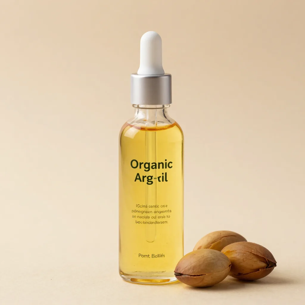 A glass bottle of organic argan oil on a light background