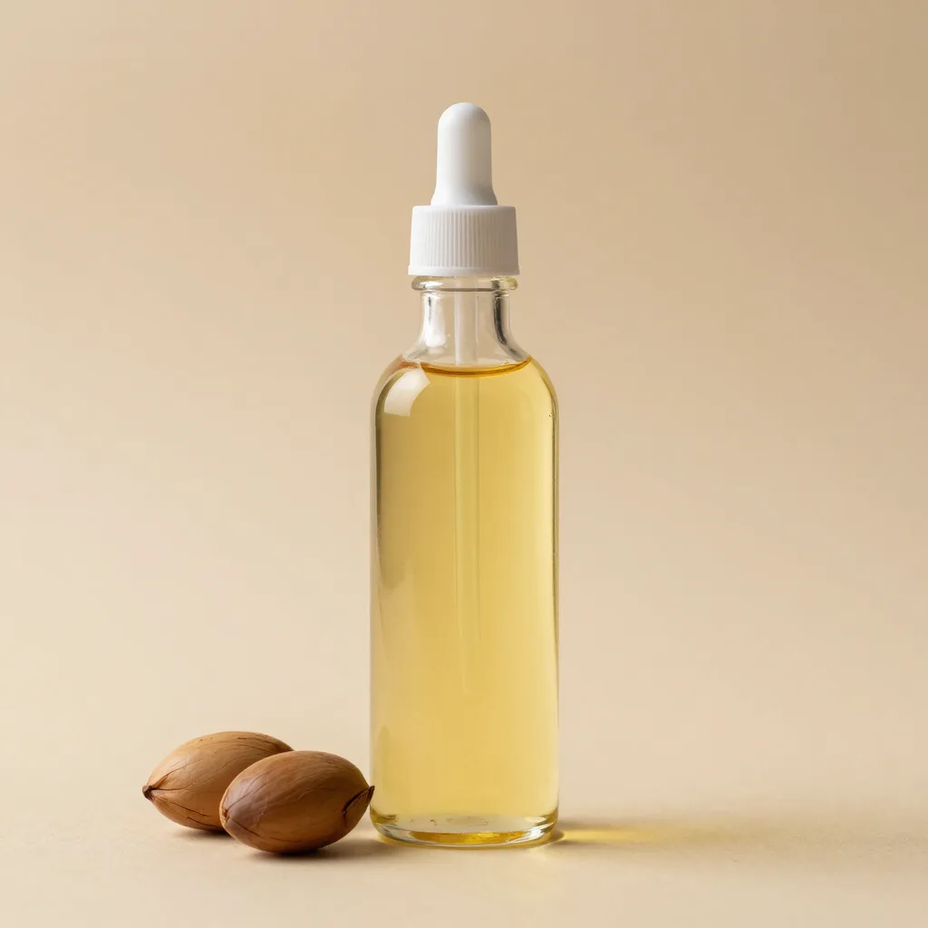 A glass bottle of unrefined argan oil on a light background