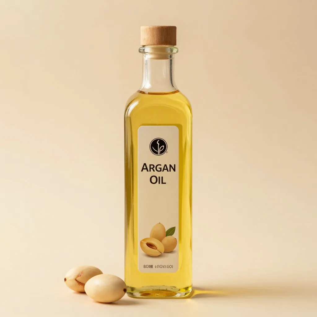 A large bottle of argan oil on a light background