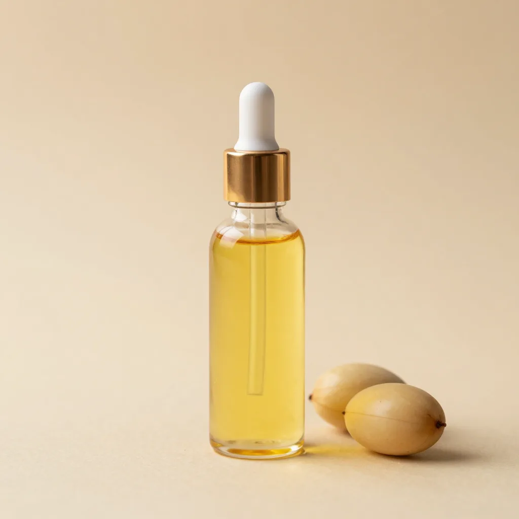A small travel bottle of argan oil on a light background