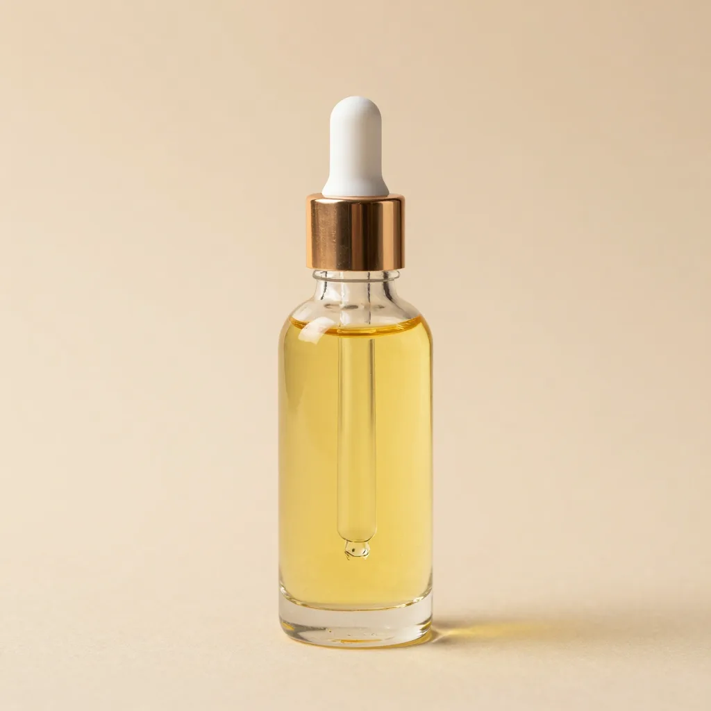 A glass dropper bottle of argan oil on a light background