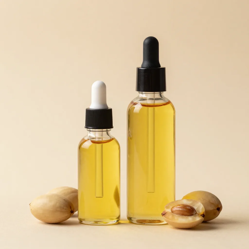 Two bottles of argan oil on a light background