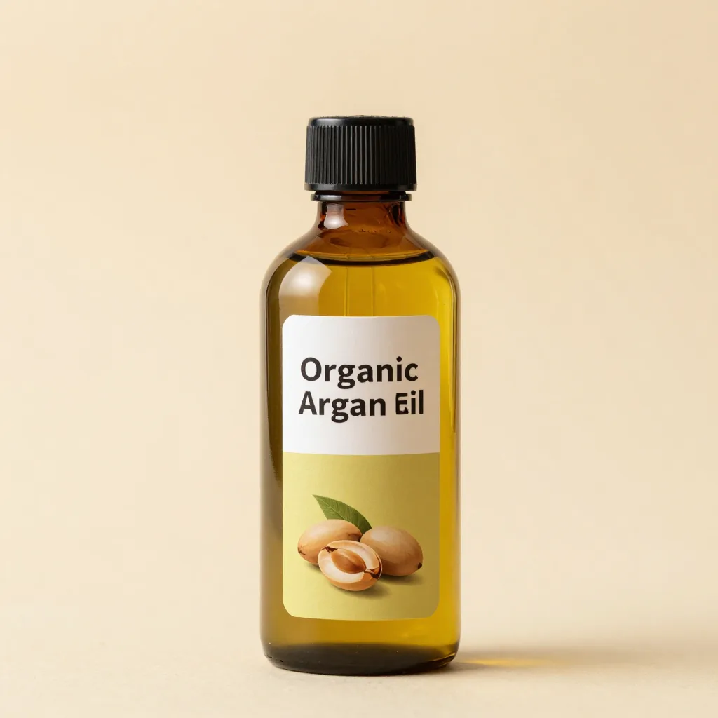 A bulk bottle of organic argan oil on a light background